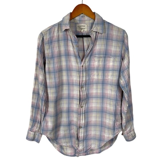 Current Elliott Top Shirt Button Up Long Sleeve XS Plaid Blue Pink - Picture 1 of 5